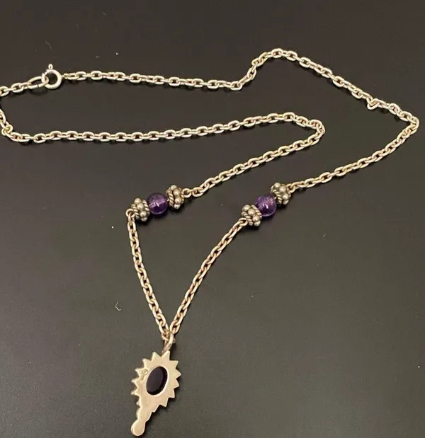 Vintage Handcrafted 925 Sterling Silver Amethyst Cabochon Pendant 18” Necklace - Image 3