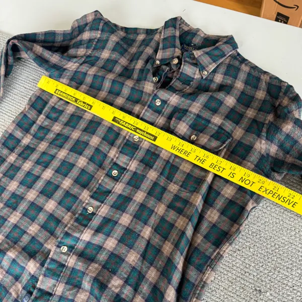 Vintage Lands End Tan Green Purple Plaid Wool Cotton Button Down Flannel Shirt M - Image 7