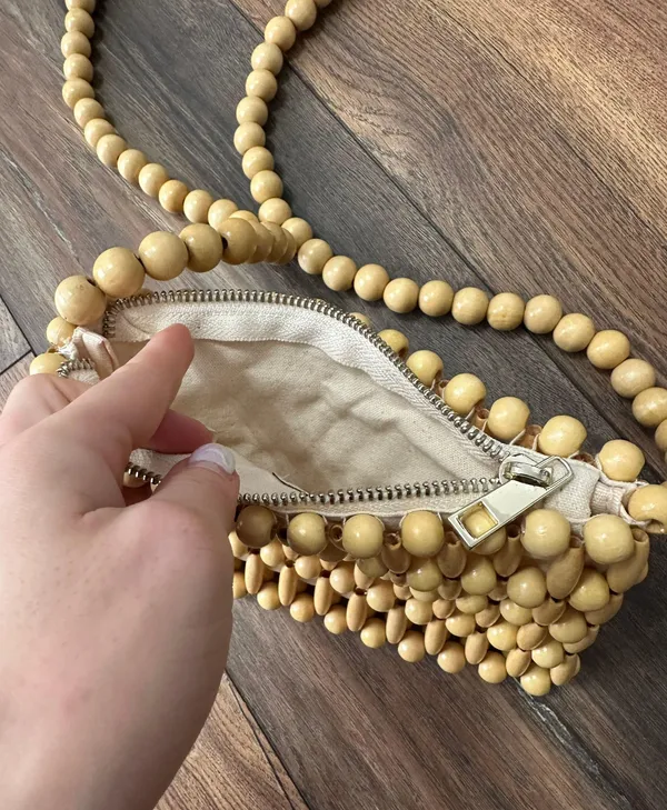 Wood Beaded Purse Tan - Image 3