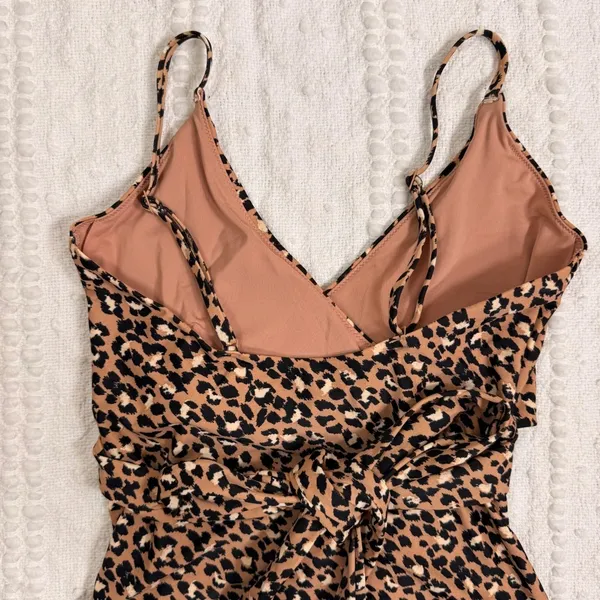 Aerie Leopard Print Wrap Cutout One Piece Swimsuit Medium Long Tie Waist - Image 9