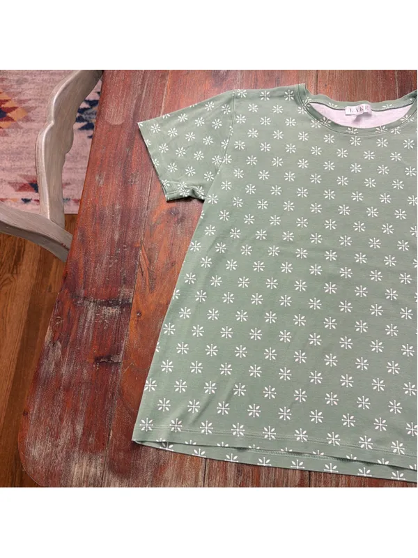LAKE Pajamas Green White Geometric Leaf Short Sleeve Loungewear Pima Cotton L - Image 3