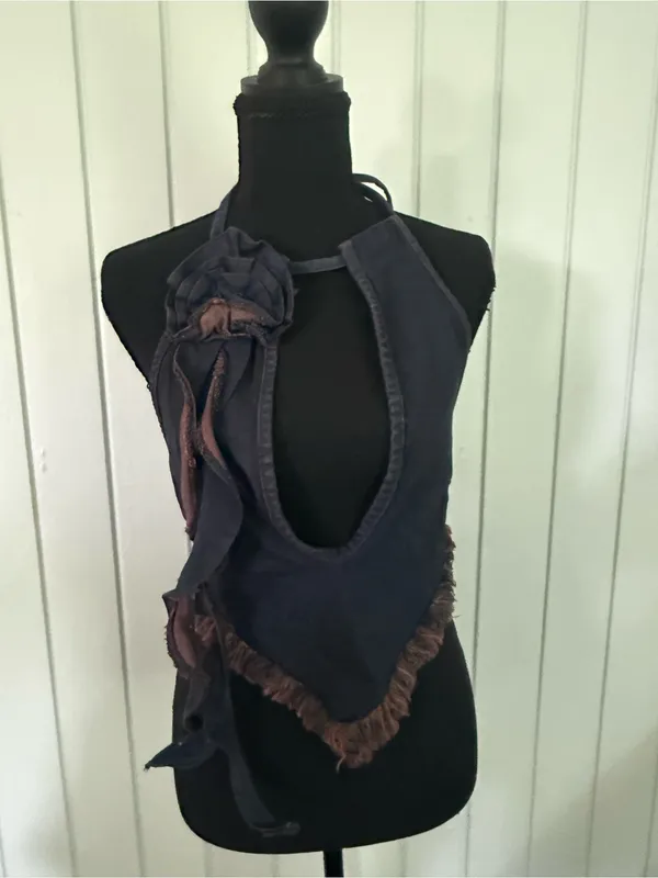 PrettyLittleThing Navy Blue Halter Top with Brown Fringe - Image 2