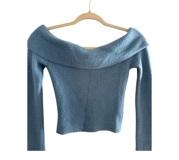 American Eagle Blue Off The Shoulder Long Sleeve Cropped Fuzzy Soft Sweater - Image 3