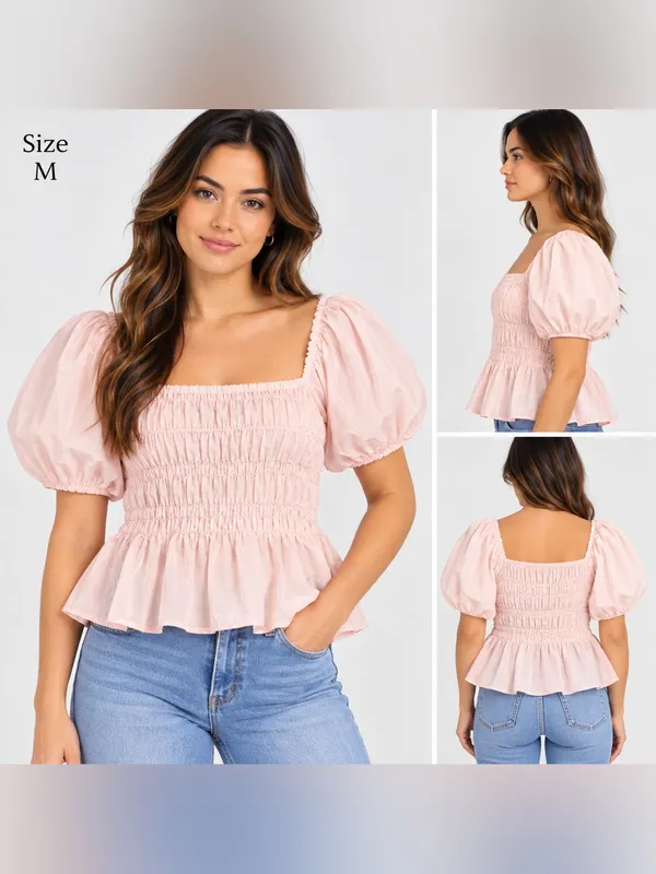 Mi Ami Francesca’s Pink Puff Sleeve Smocked Peplum Top Women’s M NWT - Image 2