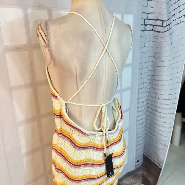 Lulus Natural Bliss NWT Ivory Striped Crochet Lace Up Halter Midi Dress Medium - Image 10