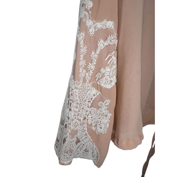 BKE Pink Sheer Lightweight Blouse With Lace Embroidered Bell Sleeves - Image 2