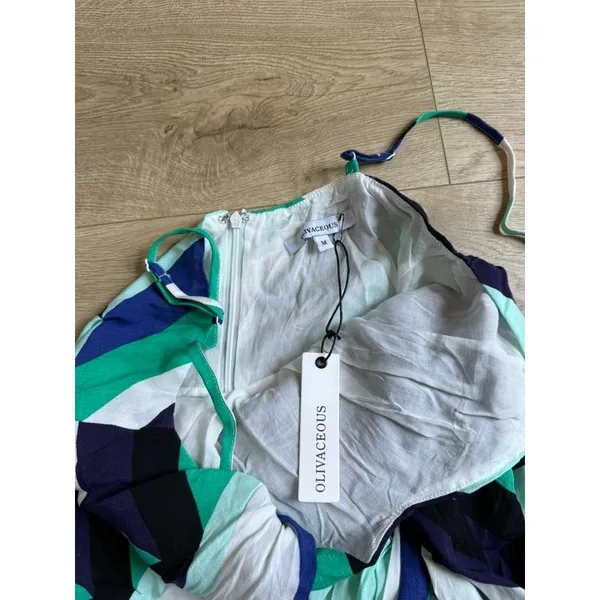 NWT Womens Olivaceous side tie mini dress geometric blue green patterned size M - Image 9