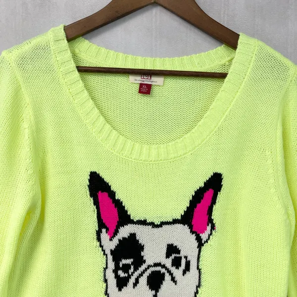 LEI Neon Yellow Sweater XL French Bulldog Dog Graphic Knit Dopamine Kitsch Twee - Image 3