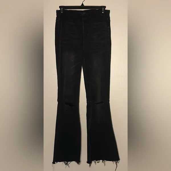 RISEN- Flare High Waist Black Pull On Distressed Vintage Look Raw Hem Jeans- S - Image 2