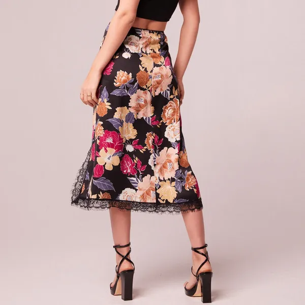 New Band of the Free Floral Print Lace Slit Slip Midi Skirt Black Multi Size XS - Image 6