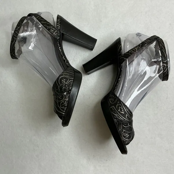 Franco Sarto Womens 6M Black Silver Metallic Embossed Ankle Strap Peep Toe Heels - Image 4