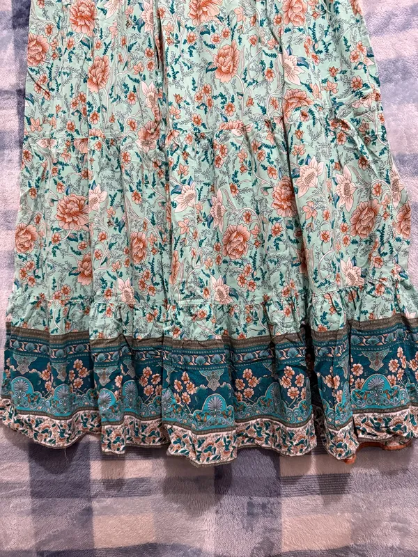 Women's Light Green Floral Print Boho Tiered Maxi Skirt with Smocked Waist - Image 3