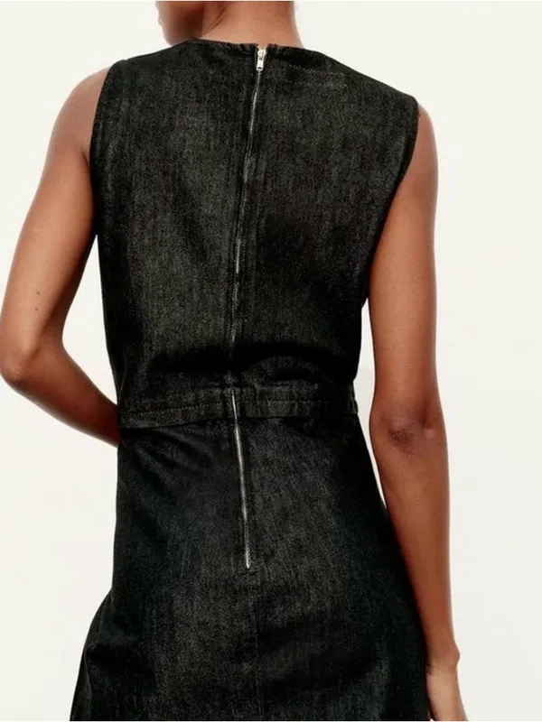 Zara Side Cut Out Black Denim Dress Size S NWT - Image 3