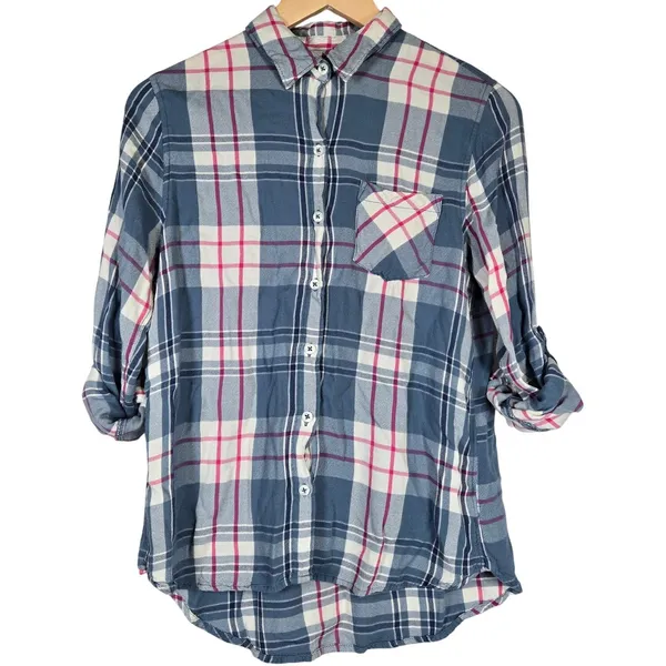 Woolrich Plaid‎ Button Down Shirt Womens M Blue Pink Long Sleeve Rayon - Image 3