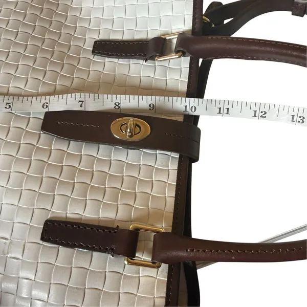 DOONEY & BOURKE Woven Leather Embossed Satchel Bag White Brown Trim Quiet Luxury - Image 12