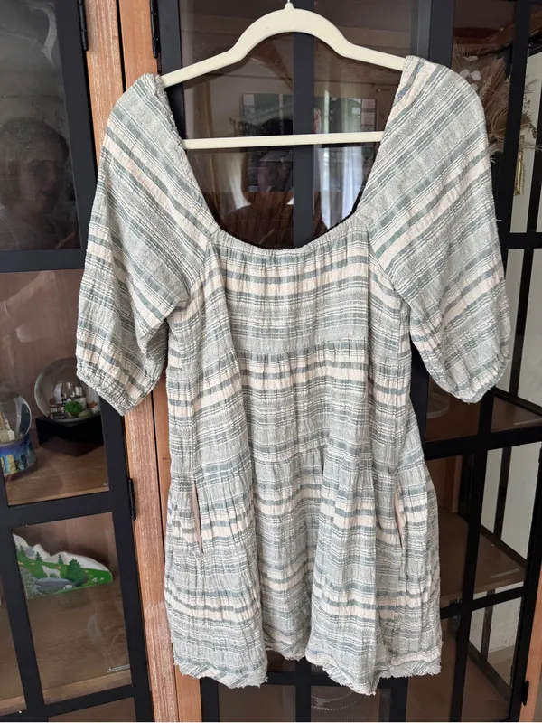 Anthropologie babydoll mini dress puff sleeve square neck sage striped textured - Image 3