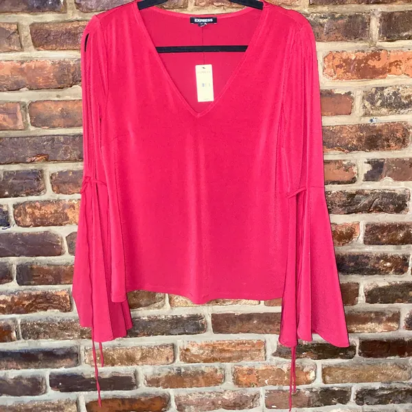 NWT Express Red V-Neck Long Bell Sleeve Open Shoulder Top Women's Size Small - Image 3