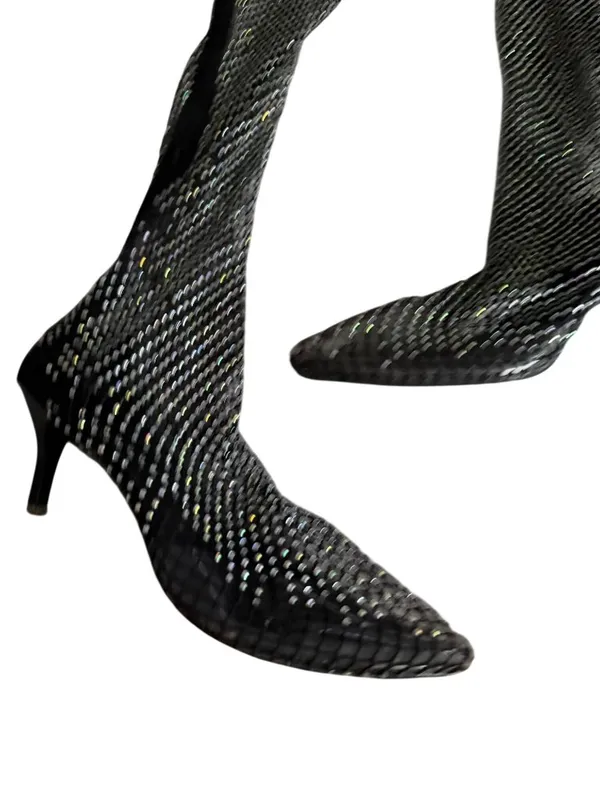 BLACK Mesh Rhinestone Pull On Boots Size JPN 24.5 / US 8.5 - Image 9