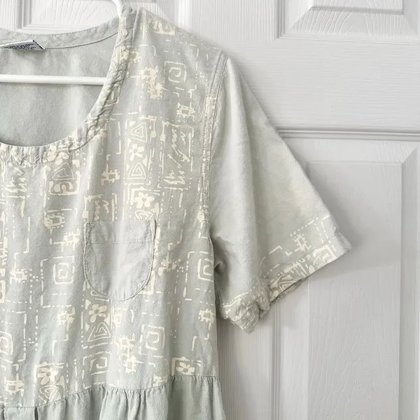 Cotton USA Light Blue Wash Graphic Print Loose Button Dress Vintage Lagenlook L - Image 9