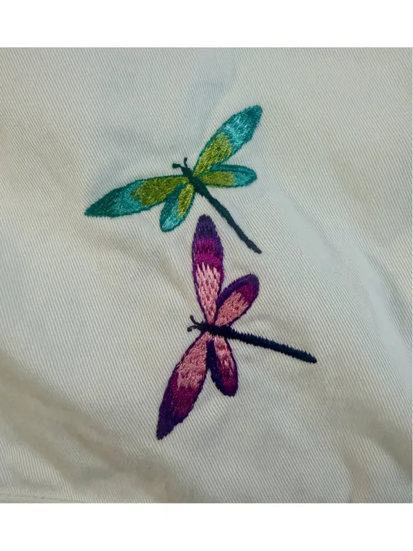 Coldwater Creek White Cotton Trucker Jacket Embroidered Dragonflies Size L - Image 6