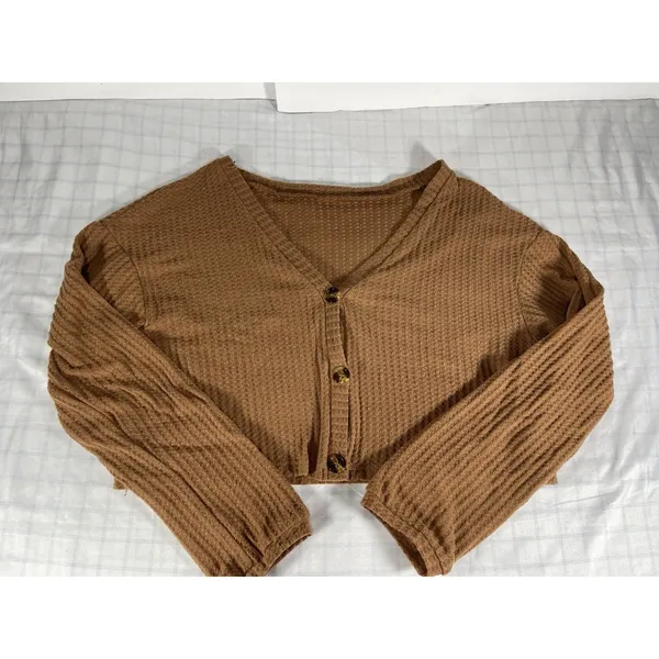 ROMWE Brown Waffle Knit Cropped Cardigan Sweater Women's Size L Large Boho Cozy - Image 5