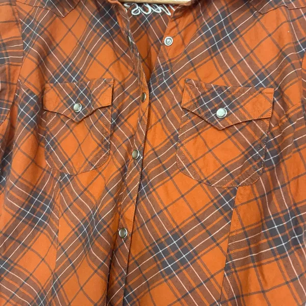 Harley Davidson Orange Plaid Short Sleeve Button Up‎ Size Medium - Image 3