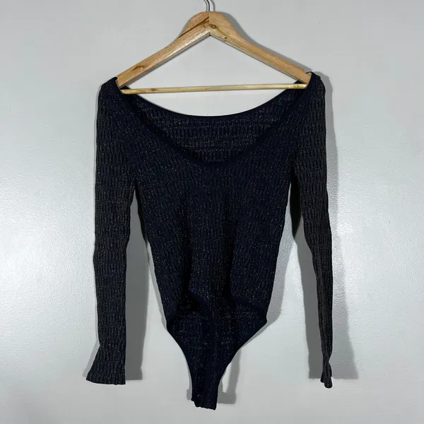 Free People Intimately Ribbed Metallic Bodysuit Navy Gold Sparkle Size XS/S - Image 4