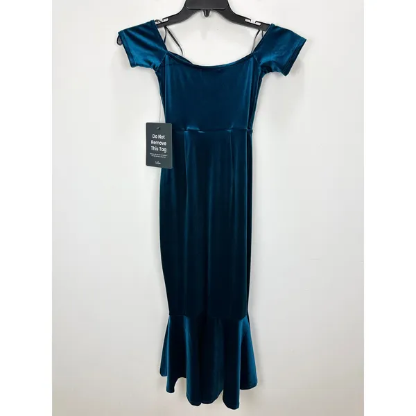 Lulus How Much I Care Dark Teal Velvet Off-the-Shoulder Midi Dress Party XS NWT - Image 9