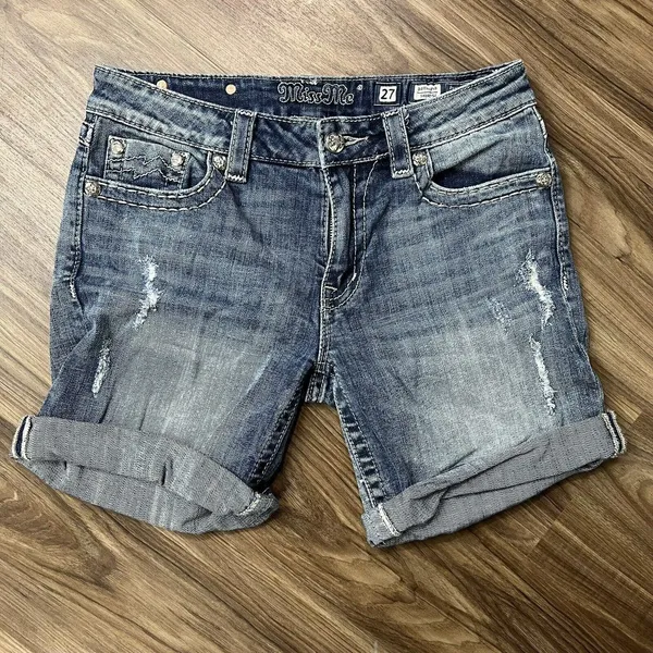 Miss Me Size 27 Boyfriend Shorts Mid Rise Cuff Stretch Rhinestone Stud Pockets - Image 3