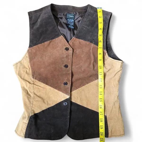 90s Western Boho Patchwork Genuine Leather Suede Brown Black Vest Ranch Rodeo Biker Vintage #Bohemian #Hippie #Indie Sleaze #Streetwear #Festival Grunge Sz M Measurement in pics - Image 5