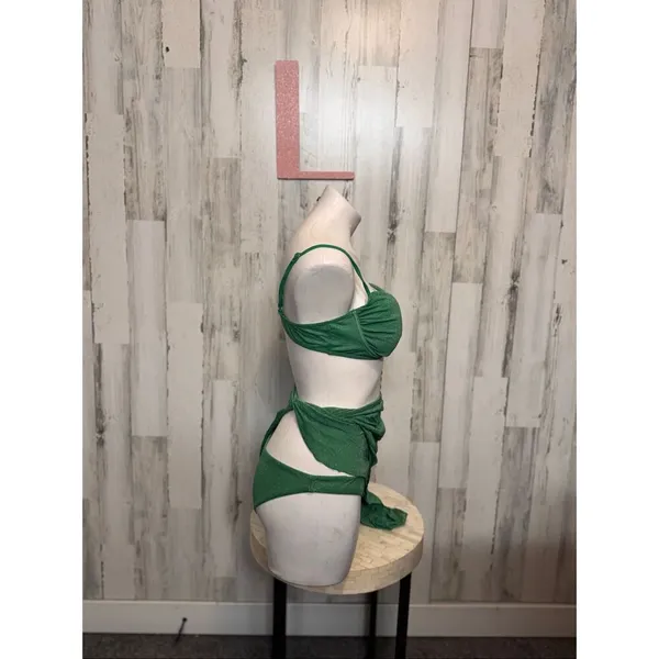 Green Sparkle 3-Piece Bikini Set Women’s Size L | Ruched Top + Bottoms + Sarong - Image 8