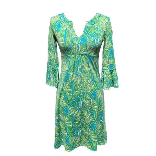 Lilly Pulitzer Silk Cotton Floral Bell Sleeve Dress Blue Green XS 96212 - Image 2