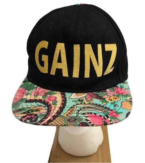 Gainz Snapback Hat Flat Front Vibrant Floral Brim Black Pink Gold Streetwear - Image 2