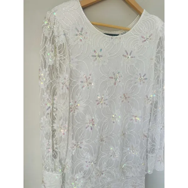 VTG Megere White Sequin Beaded‎ Dress M Long Sleeve Ruffle Hem Formal Wedding - Image 2