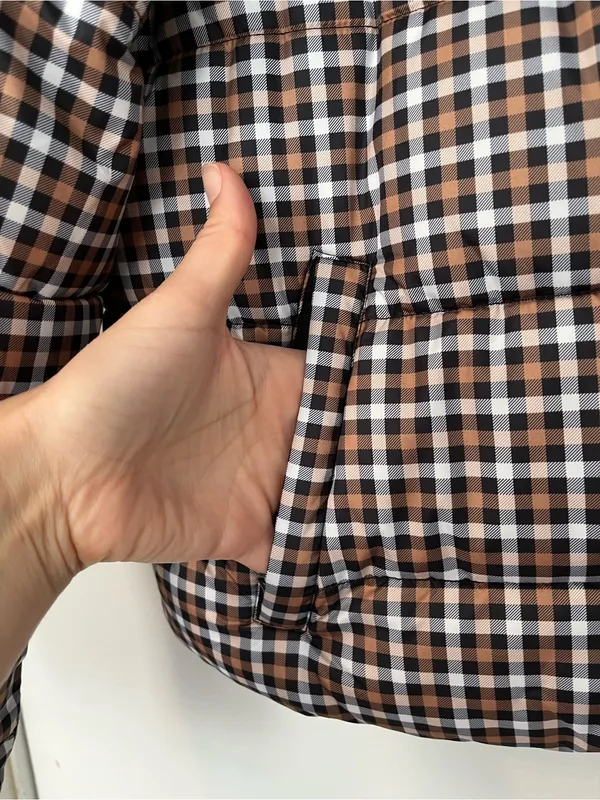 Time and Tru Brown White Black Check Plaid Cropped Puffer Jacket large - Image 5