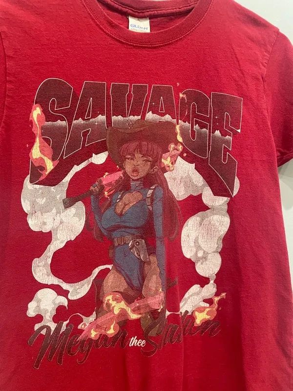 Gildan Red Graphic Tee with Blue & White Cowgirl Illustration Megan thee stallion - Image 2