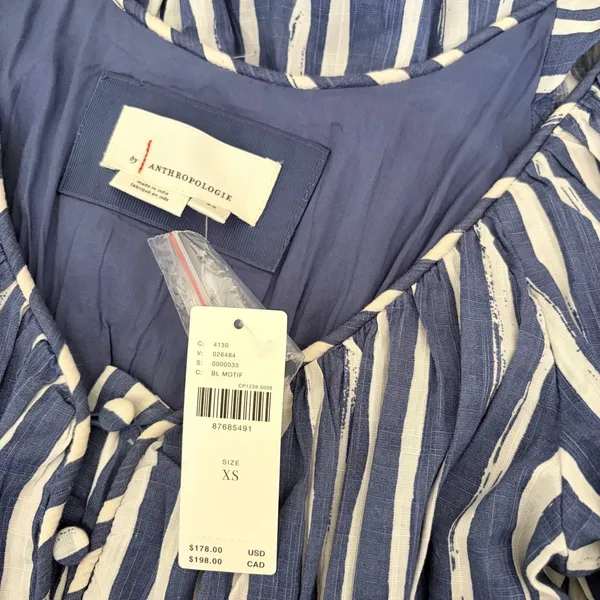 NWT!! By ANTHROPOLOGIE Long Sleeve Sweetheart Midi Dress Blue White Striped XS - Image 12