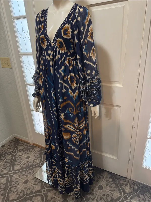 FARM Rio Pineapple Blue Ikat Maxi Dress Boho Long Sleeve Altered Length Small - Image 7