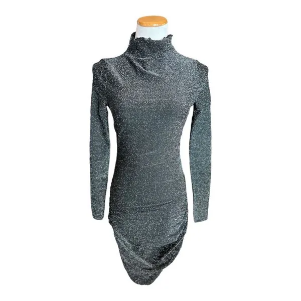 New Womens Shein Lettuce Trim Ruched Black w Silver Glitter Bodycon Dress Sz S - Image 2