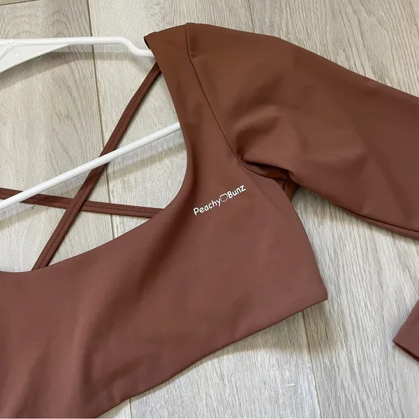 Peachy Bunz Strappy Backless Cropped Long Sleeve Workout Top Brown (Large) gym - Image 3