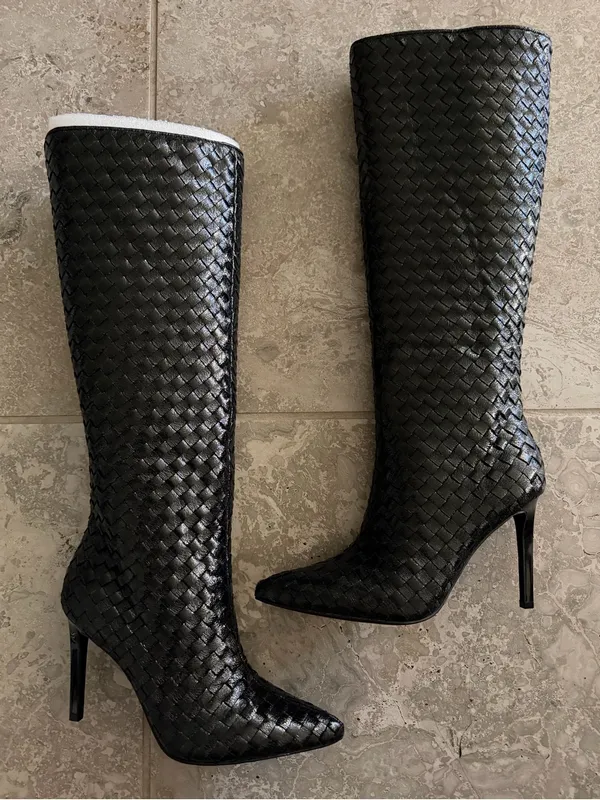 INC Savonia Woven Knee High Stiletto Boots in Black, Size 6.5, NEW in Box $229.5 - Image 4