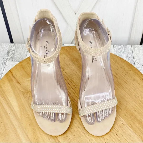 Anne Michelle Enzo‎ Rhinestone Faux Suede Strappy Heels Tan Open Toe 7.5 - Image 5