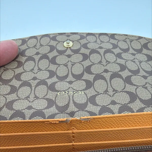 Coach Tan Pebbled Leather Signature Canvas Flap Wallet - Image 5