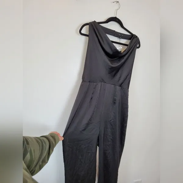 NEW 19 Cooper Black Satin Jumpsuit Halter Neck Cowl Night Out Club Large - Image 5
