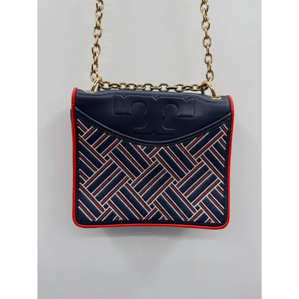 Tory Burch Alexa Convertible Shoulder Bag Navy Red Embroidered‎ Leather Chain - Image 2