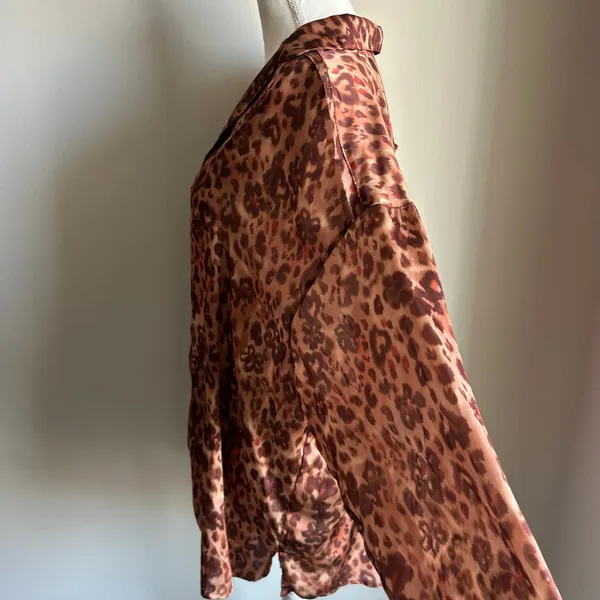 Intimately Free People Cheetah Leopard Floral Brown Silky Pajama Shirt Size L - Image 5