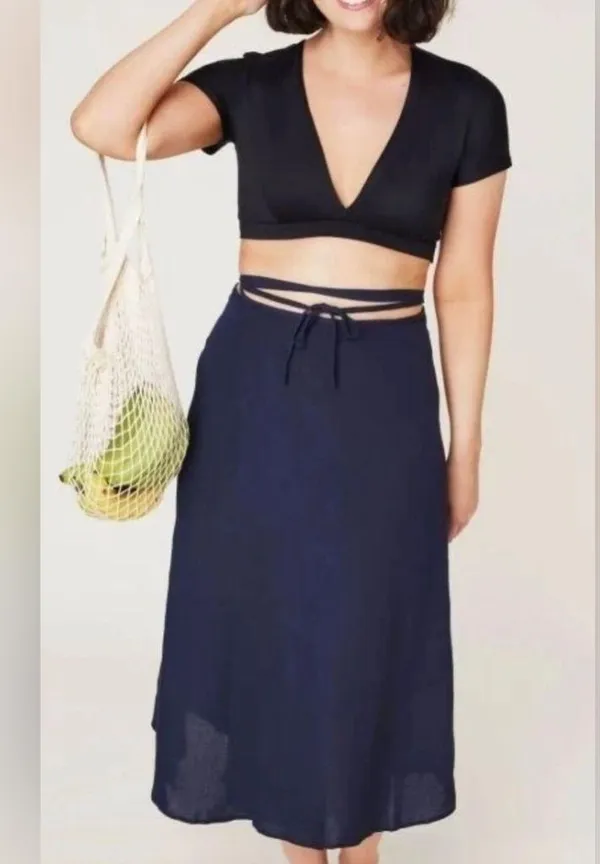 NWT Andie The Wrap Maxi Skirt Women's S/M Navy Blue Tie String Linen Blend - Image 7