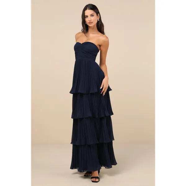 NWT Lulus Seriously Sensational Navy Blue Strapless Tiered Maxi Dress Gala Sz L - Image 5