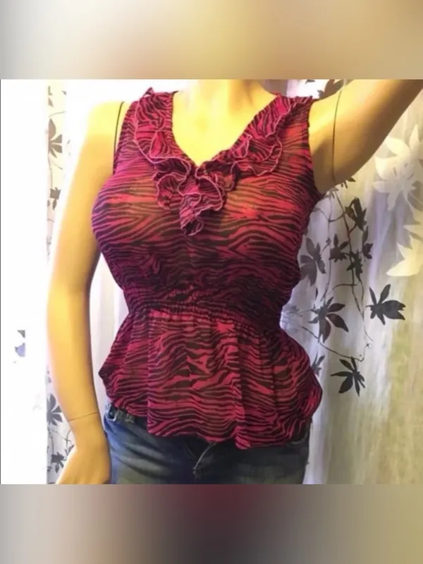 Miley Cyrus Pink Zebra Print Ruffle Tank Top XS Semi Sheer Y2K - Image 2