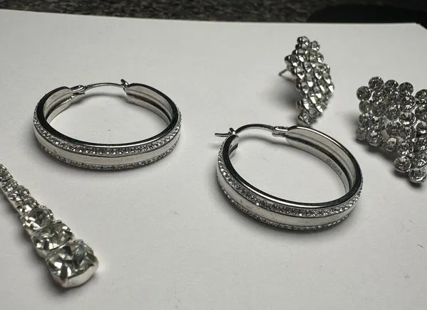 Sparkly Clear Rhinestone Pierced Earrings Lot Of 3 Dangle Hoop Stud Silver Tone - Image 3